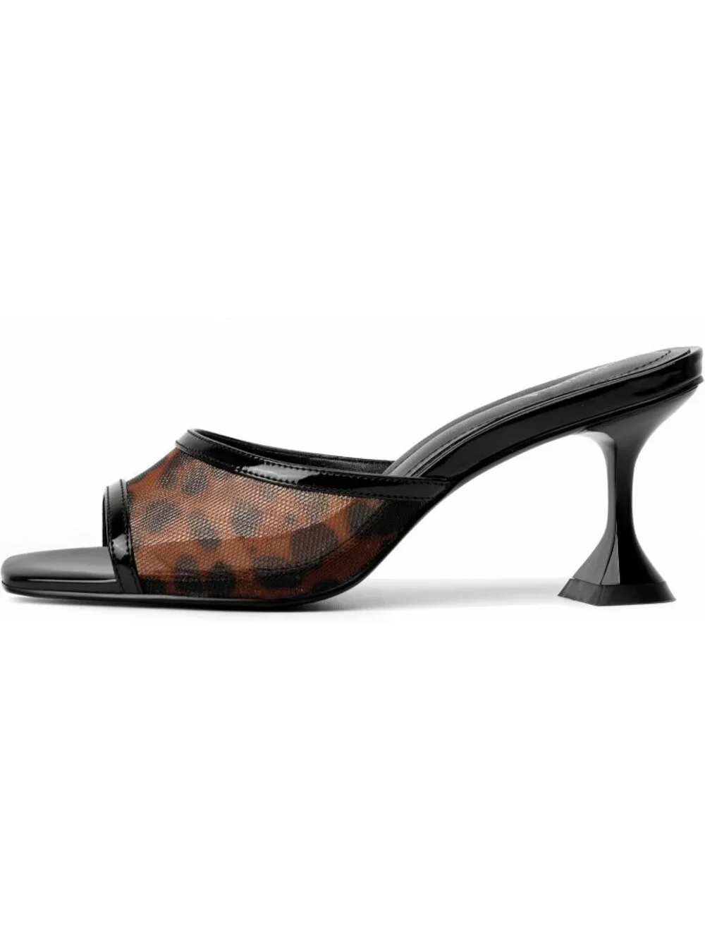Women's Black Leopard Square Open Toe Slip on Heeled Slides Sexy Mules Sandals